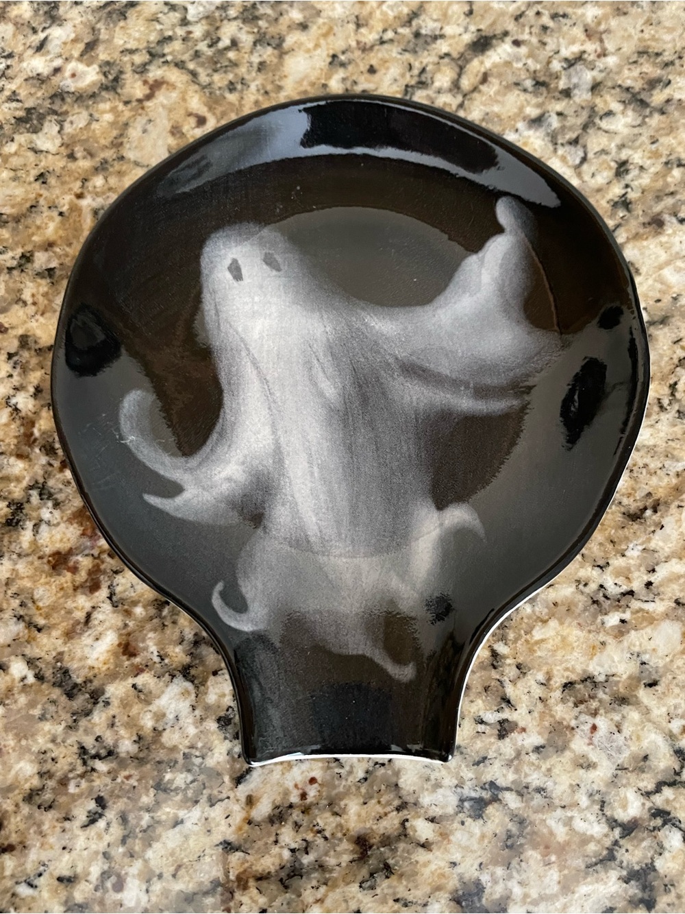 Hand-Painted Black Ceramic Spoon Rest with White Ghost Motif